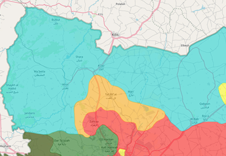 (الشهباء هي المنطقة الملونة بالبرتقالي- من موقع syriancivilwarmap.com)
