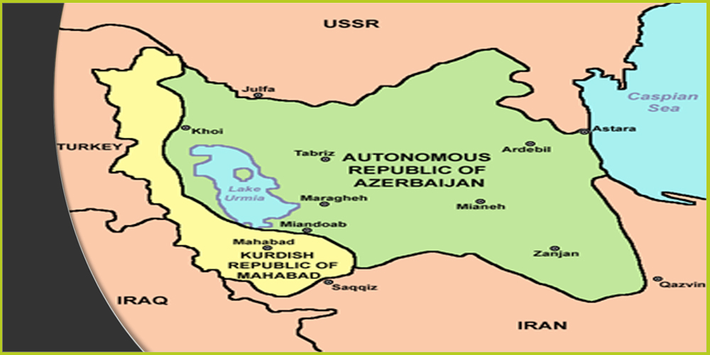 جمهورية أذربيجان المستقلة باللون الأخضر وبجوارها جمهورية مهاباد بللون الأصفر