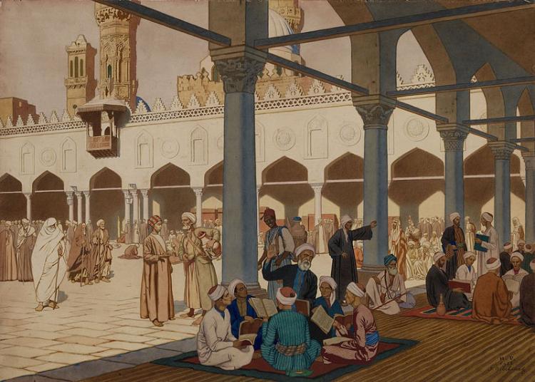 رسم يصور حلقات العلم في أروقة الجامع الأزهر