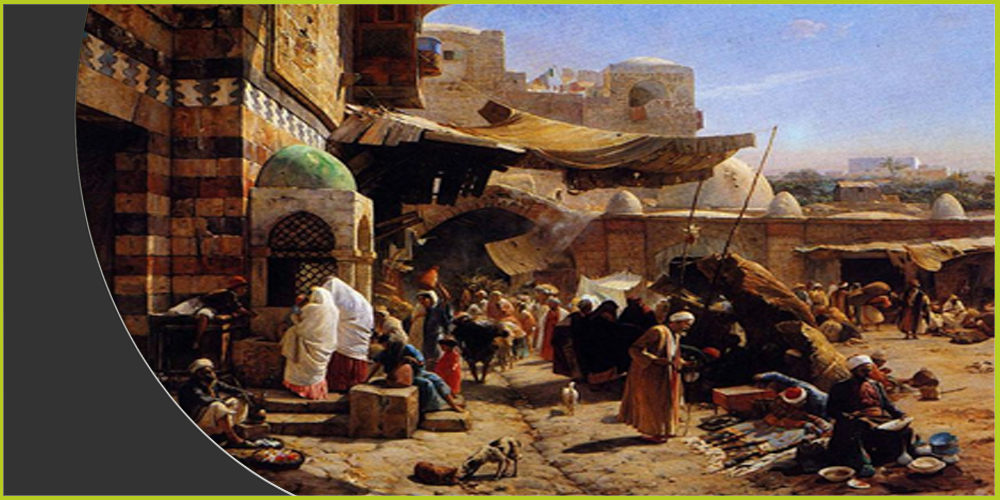 سوق يافا كما يظهر في لوحة مرسومة العام 1877 للفنان غوستاف بورانفايند